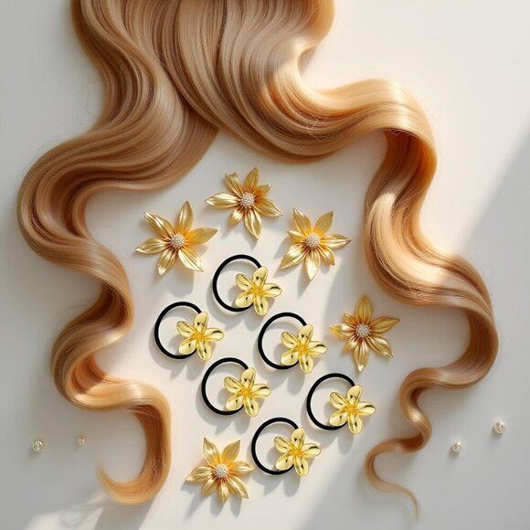 Gold Floral Hair Ties 6PC Set Metal Ponytail Holders Decorative Hair Cuffs main image 7